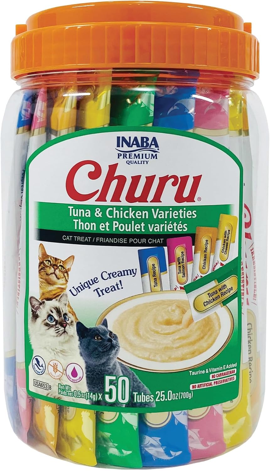 Delicious Churu Cat Treats - Lickable, Creamy Purée with Tuna & Chicken Flavor, Grain-Free Hydration Snack for Cats - 50 Convenient 0.5 oz Tubes!