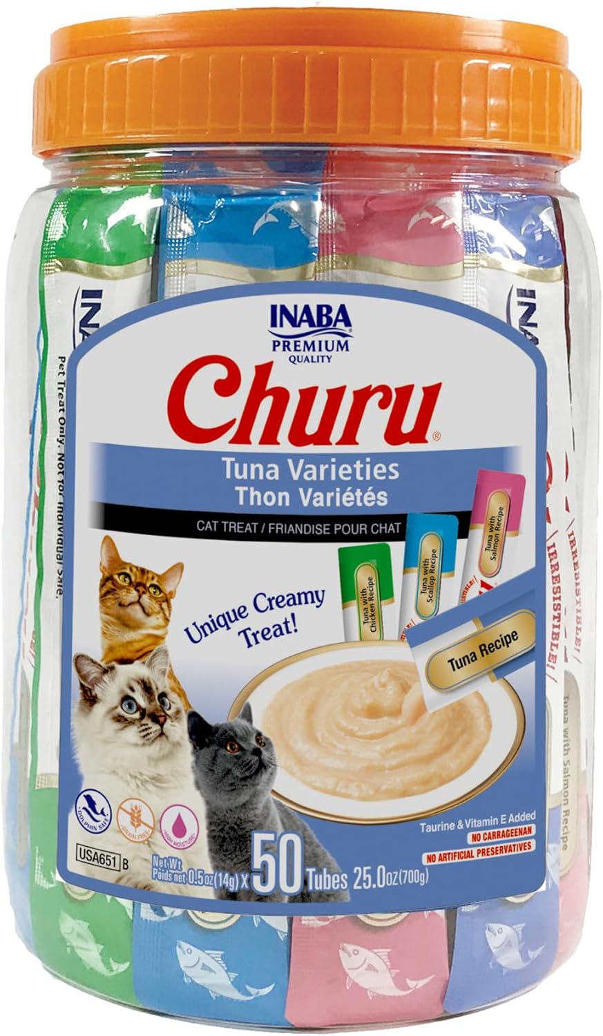 Delicious Churu Cat Treats - Lickable, Creamy Purée with Tuna & Chicken Flavor, Grain-Free Hydration Snack for Cats - 50 Convenient 0.5 oz Tubes!