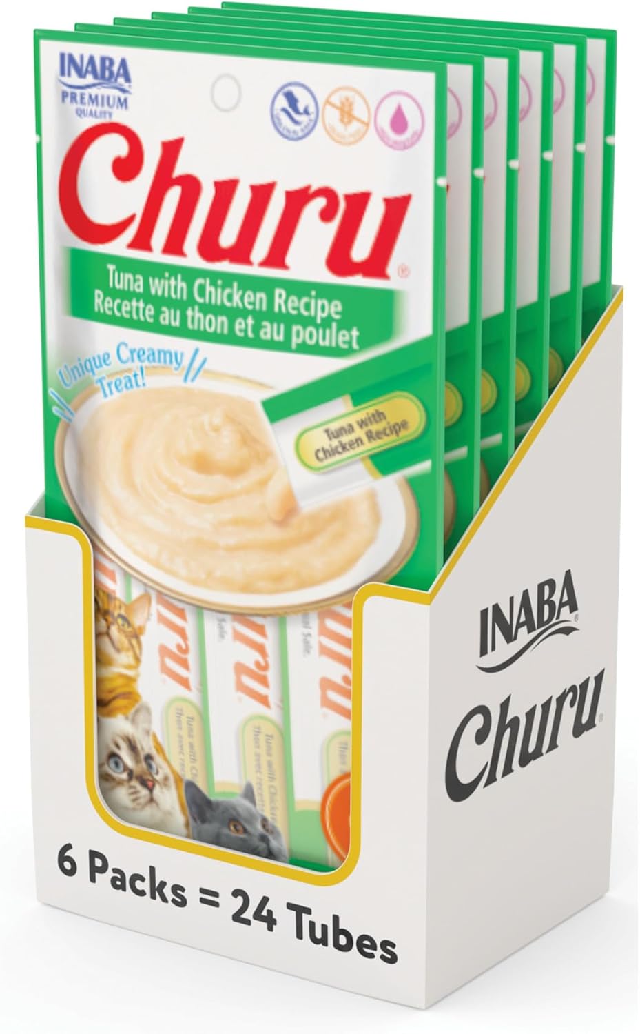 Delicious Churu Cat Treats - Lickable, Creamy Purée with Tuna & Chicken Flavor, Grain-Free Hydration Snack for Cats - 50 Convenient 0.5 oz Tubes!