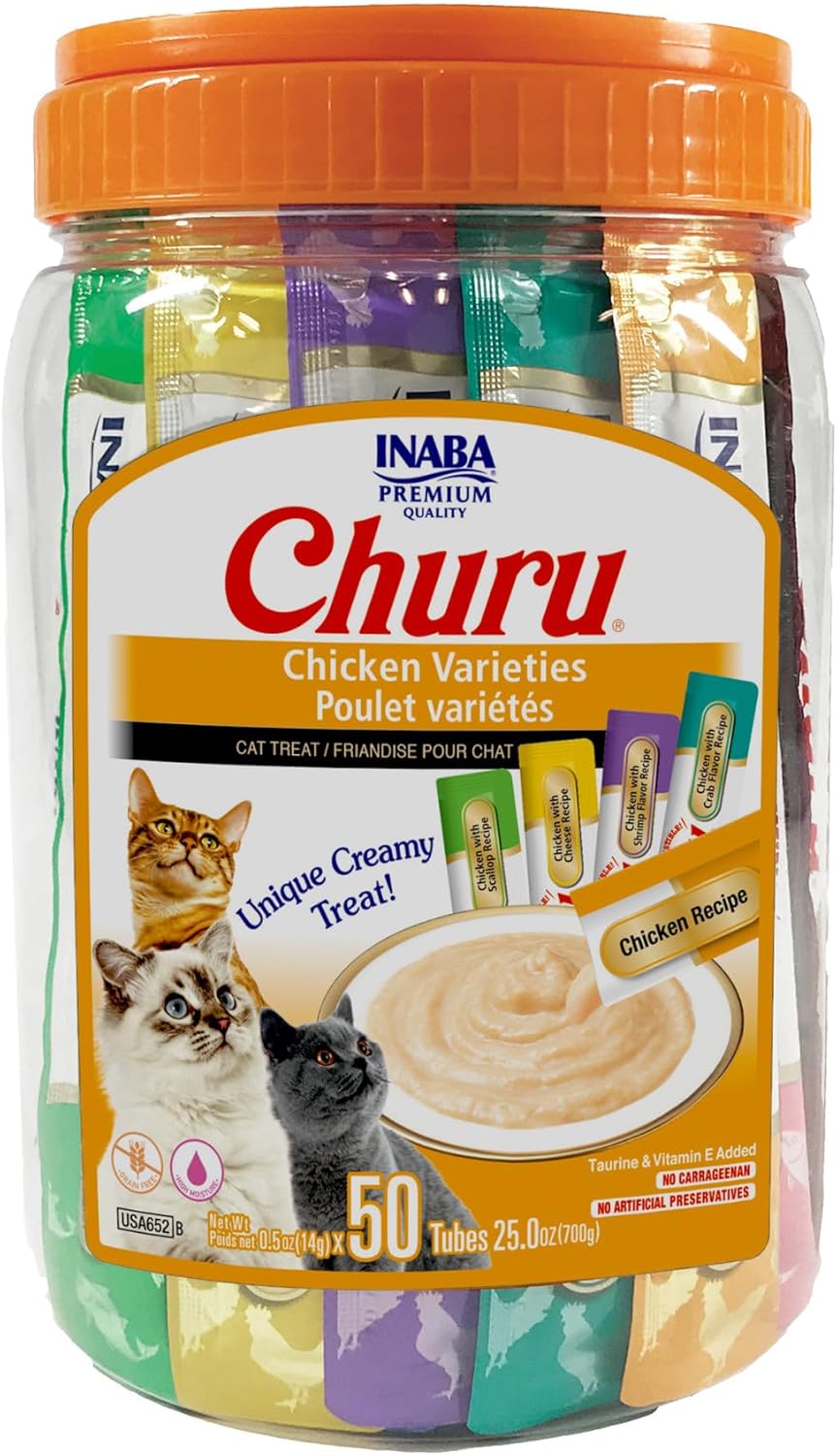Delicious Churu Cat Treats - Lickable, Creamy Purée with Tuna & Chicken Flavor, Grain-Free Hydration Snack for Cats - 50 Convenient 0.5 oz Tubes!