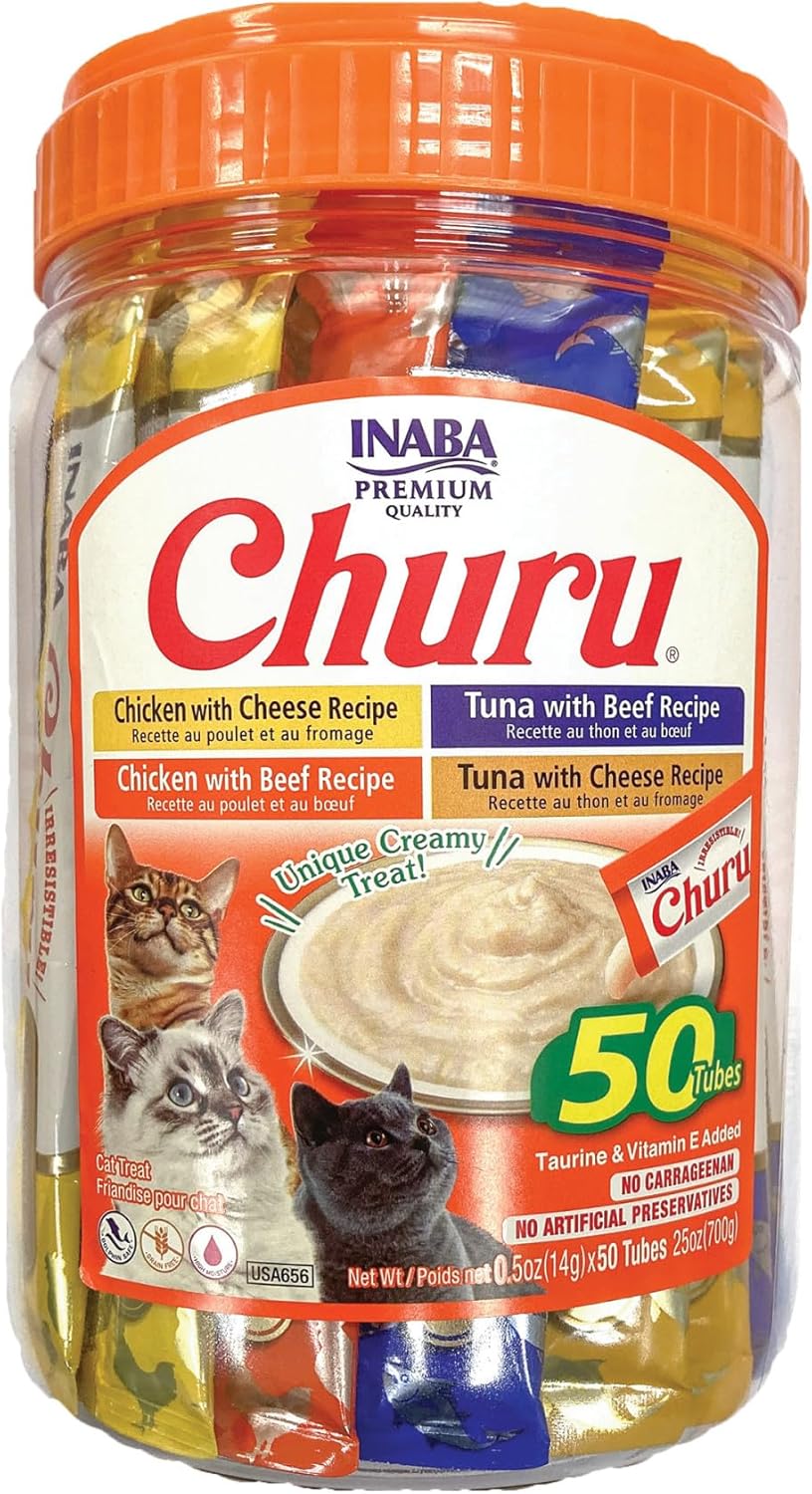 Delicious Churu Cat Treats - Lickable, Creamy Purée with Tuna & Chicken Flavor, Grain-Free Hydration Snack for Cats - 50 Convenient 0.5 oz Tubes!