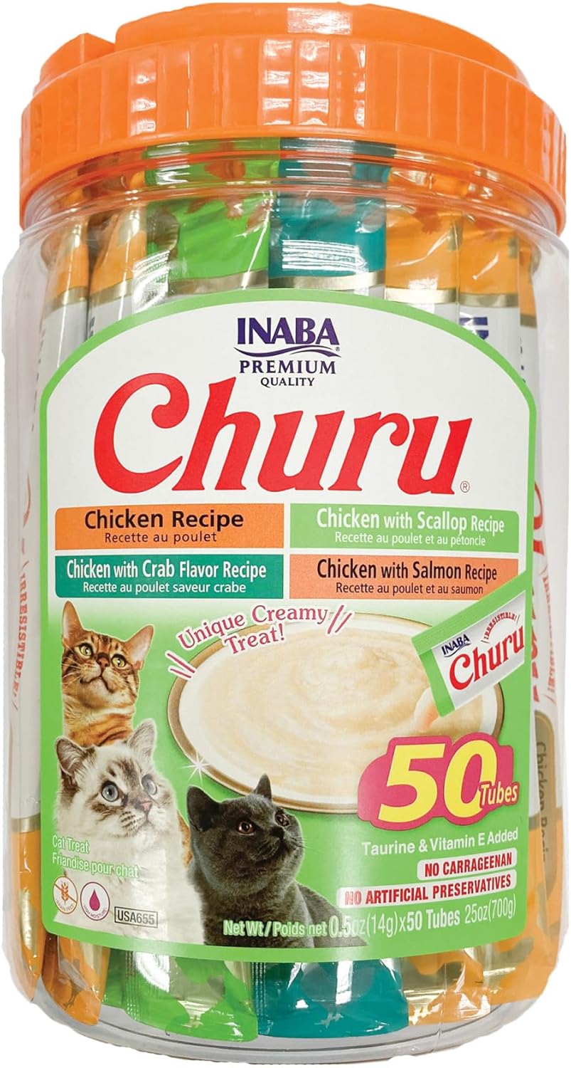 Delicious Churu Cat Treats - Lickable, Creamy Purée with Tuna & Chicken Flavor, Grain-Free Hydration Snack for Cats - 50 Convenient 0.5 oz Tubes!