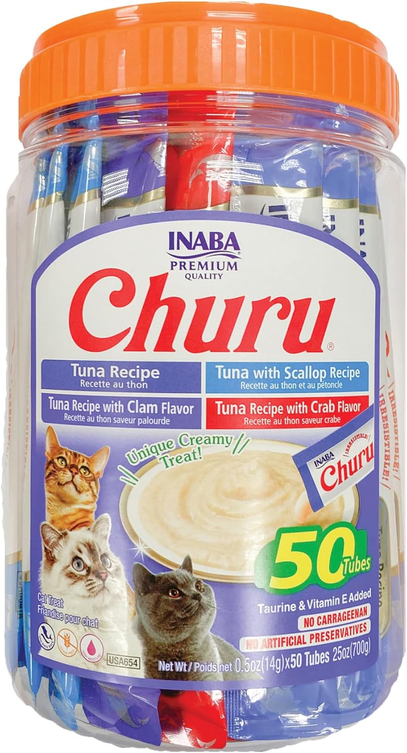 Delicious Churu Cat Treats - Lickable, Creamy Purée with Tuna & Chicken Flavor, Grain-Free Hydration Snack for Cats - 50 Convenient 0.5 oz Tubes!