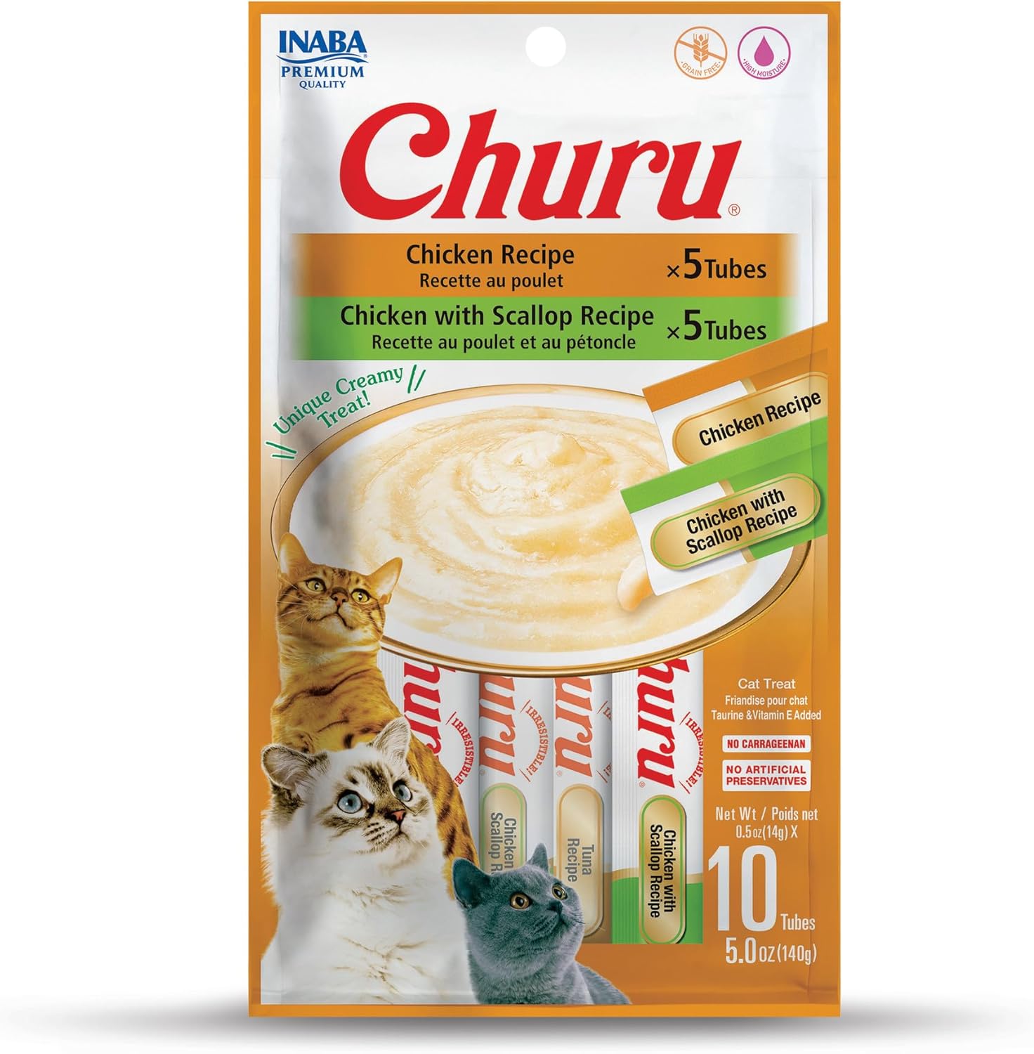 Delicious Churu Cat Treats - Lickable, Creamy Purée with Tuna & Chicken Flavor, Grain-Free Hydration Snack for Cats - 50 Convenient 0.5 oz Tubes!