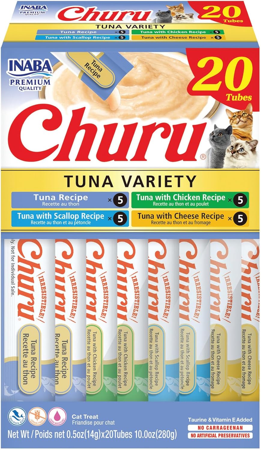 Delicious Churu Cat Treats - Lickable, Creamy Purée with Tuna & Chicken Flavor, Grain-Free Hydration Snack for Cats - 50 Convenient 0.5 oz Tubes!