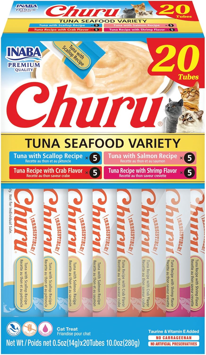 Delicious Churu Cat Treats - Lickable, Creamy Purée with Tuna & Chicken Flavor, Grain-Free Hydration Snack for Cats - 50 Convenient 0.5 oz Tubes!