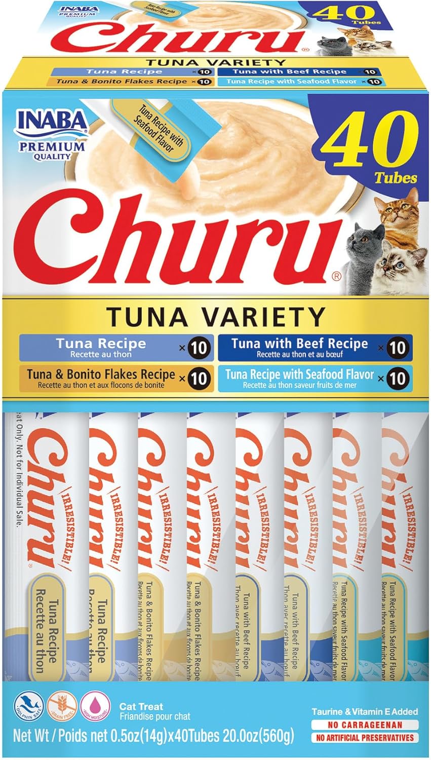Delicious Churu Cat Treats - Lickable, Creamy Purée with Tuna & Chicken Flavor, Grain-Free Hydration Snack for Cats - 50 Convenient 0.5 oz Tubes!