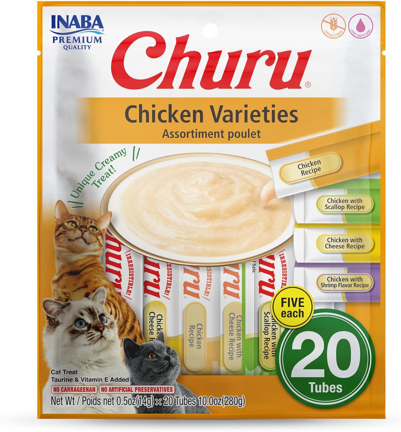 Delicious Churu Cat Treats - Lickable, Creamy Purée with Tuna & Chicken Flavor, Grain-Free Hydration Snack for Cats - 50 Convenient 0.5 oz Tubes!