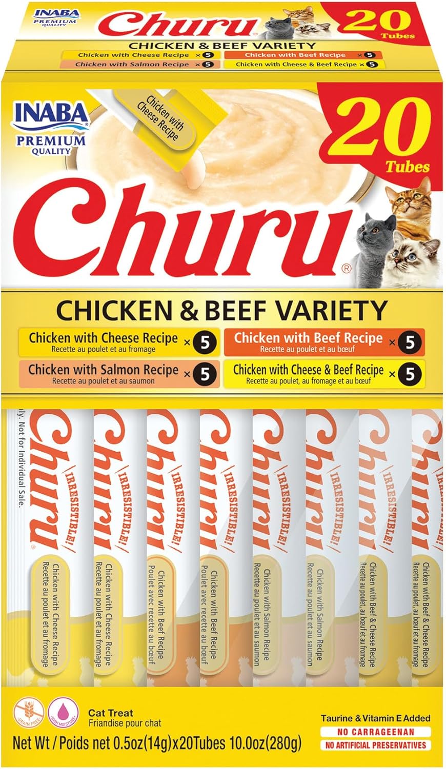 Delicious Churu Cat Treats - Lickable, Creamy Purée with Tuna & Chicken Flavor, Grain-Free Hydration Snack for Cats - 50 Convenient 0.5 oz Tubes!
