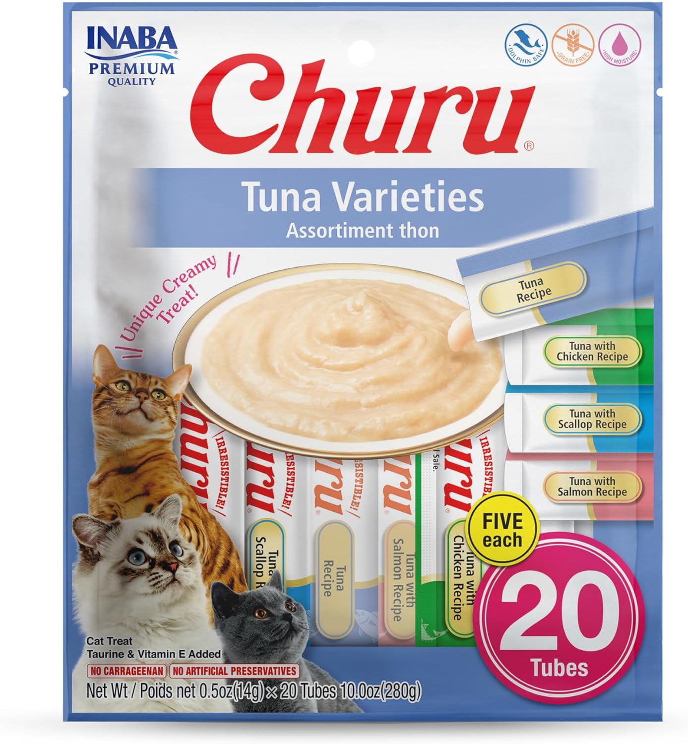 Delicious Churu Cat Treats - Lickable, Creamy Purée with Tuna & Chicken Flavor, Grain-Free Hydration Snack for Cats - 50 Convenient 0.5 oz Tubes!