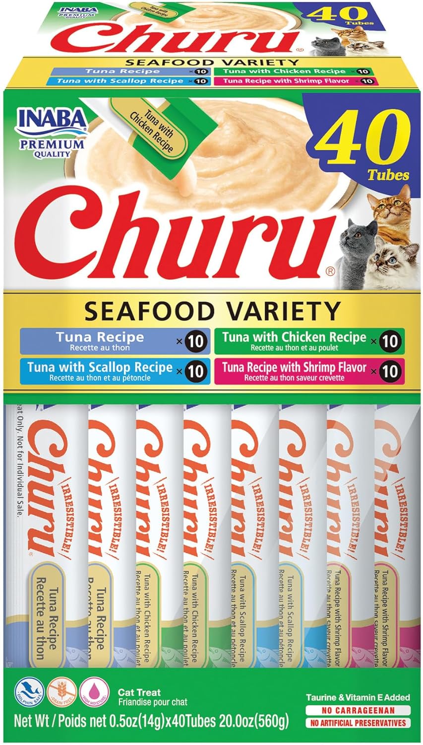 Delicious Churu Cat Treats - Lickable, Creamy Purée with Tuna & Chicken Flavor, Grain-Free Hydration Snack for Cats - 50 Convenient 0.5 oz Tubes!