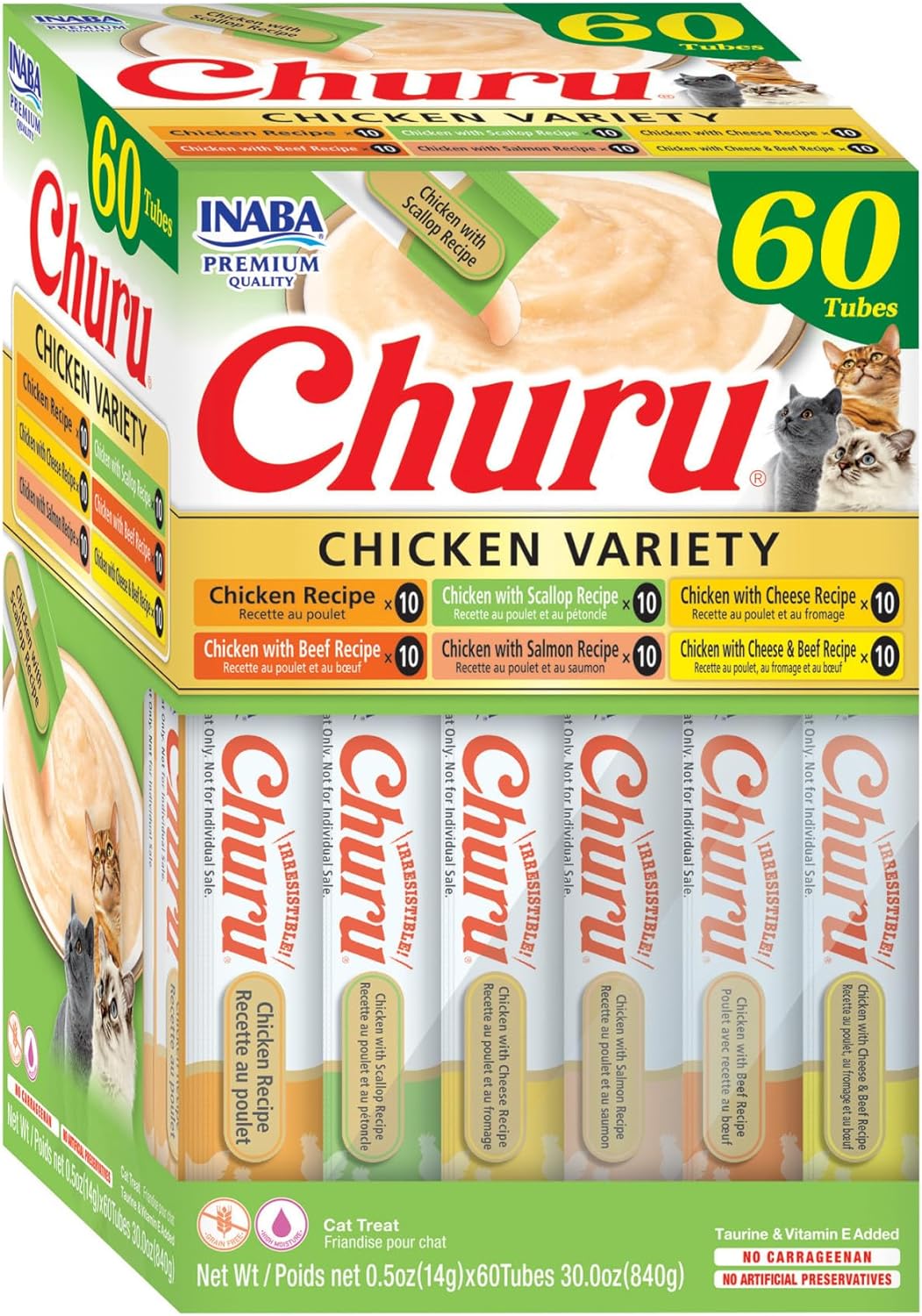 Delicious Churu Cat Treats - Lickable, Creamy Purée with Tuna & Chicken Flavor, Grain-Free Hydration Snack for Cats - 50 Convenient 0.5 oz Tubes!