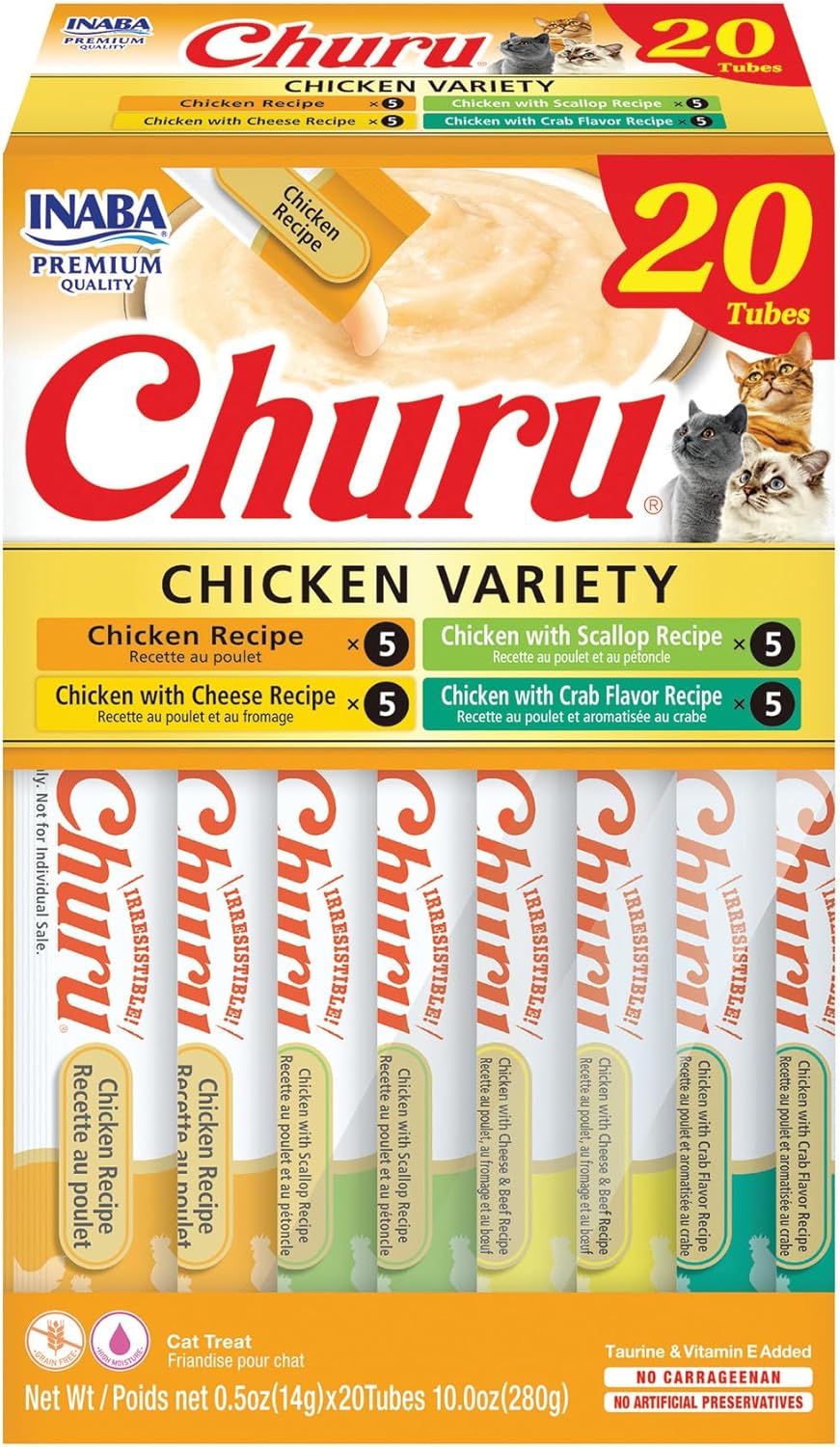 Delicious Churu Cat Treats - Lickable, Creamy Purée with Tuna & Chicken Flavor, Grain-Free Hydration Snack for Cats - 50 Convenient 0.5 oz Tubes!