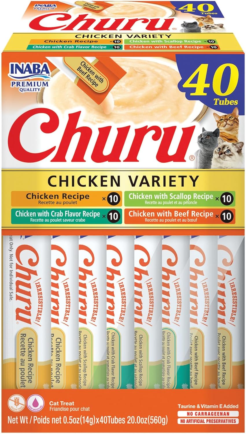 Delicious Churu Cat Treats - Lickable, Creamy Purée with Tuna & Chicken Flavor, Grain-Free Hydration Snack for Cats - 50 Convenient 0.5 oz Tubes!