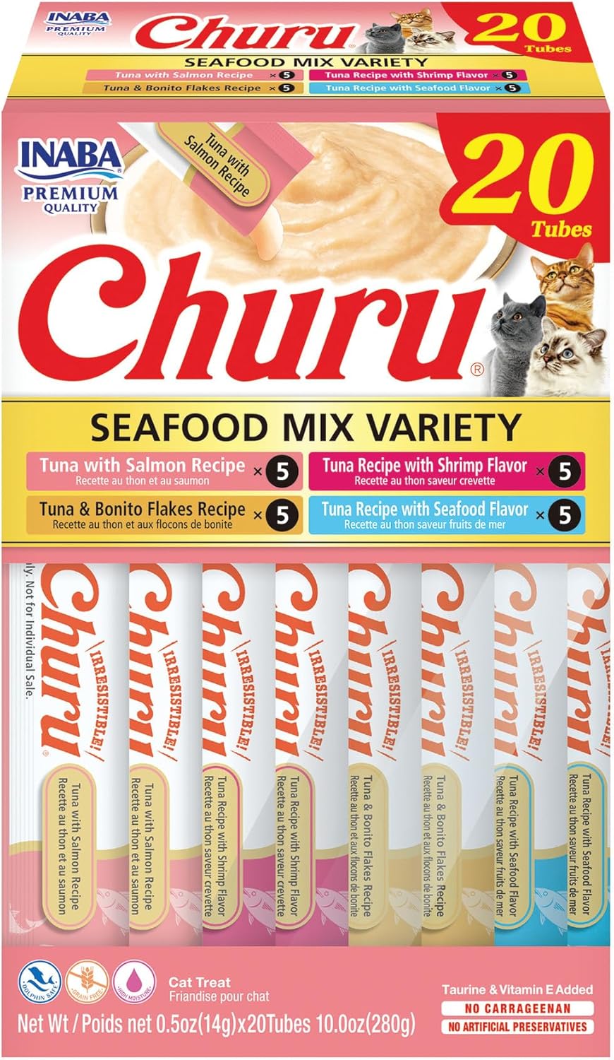 Delicious Churu Cat Treats - Lickable, Creamy Purée with Tuna & Chicken Flavor, Grain-Free Hydration Snack for Cats - 50 Convenient 0.5 oz Tubes!