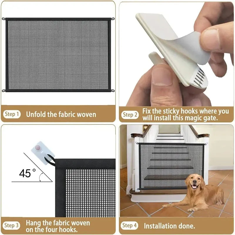 Foldable Mesh Dog Safety Gate β Pet Barrier Fence with 4 Hooks for Stairs & Doorways, Breathable Isolation Playpen