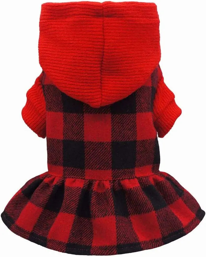 Knitted Plaid Dog Dress Hoodie Sweatshirts Pet Clothes Sweater Coats Cat Outfits Red XS