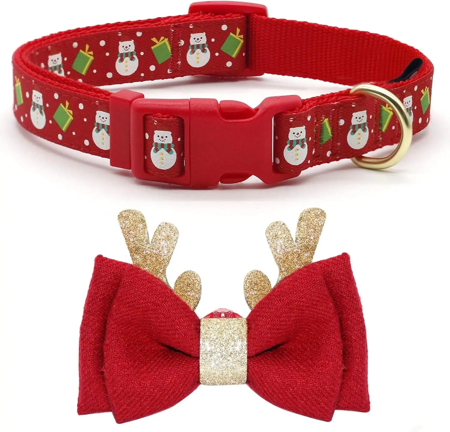 Festive Adjustable Christmas Dog Collar with Antler Bow Tie & Snowman Design - Perfect for Your Best Friend!