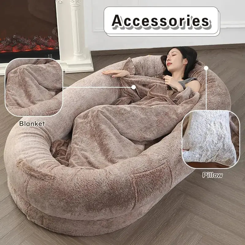 Oversized Human Dog Bed with Soft Blanket & Pillow - Washable 72"x43" Bean Bag for Pets and People