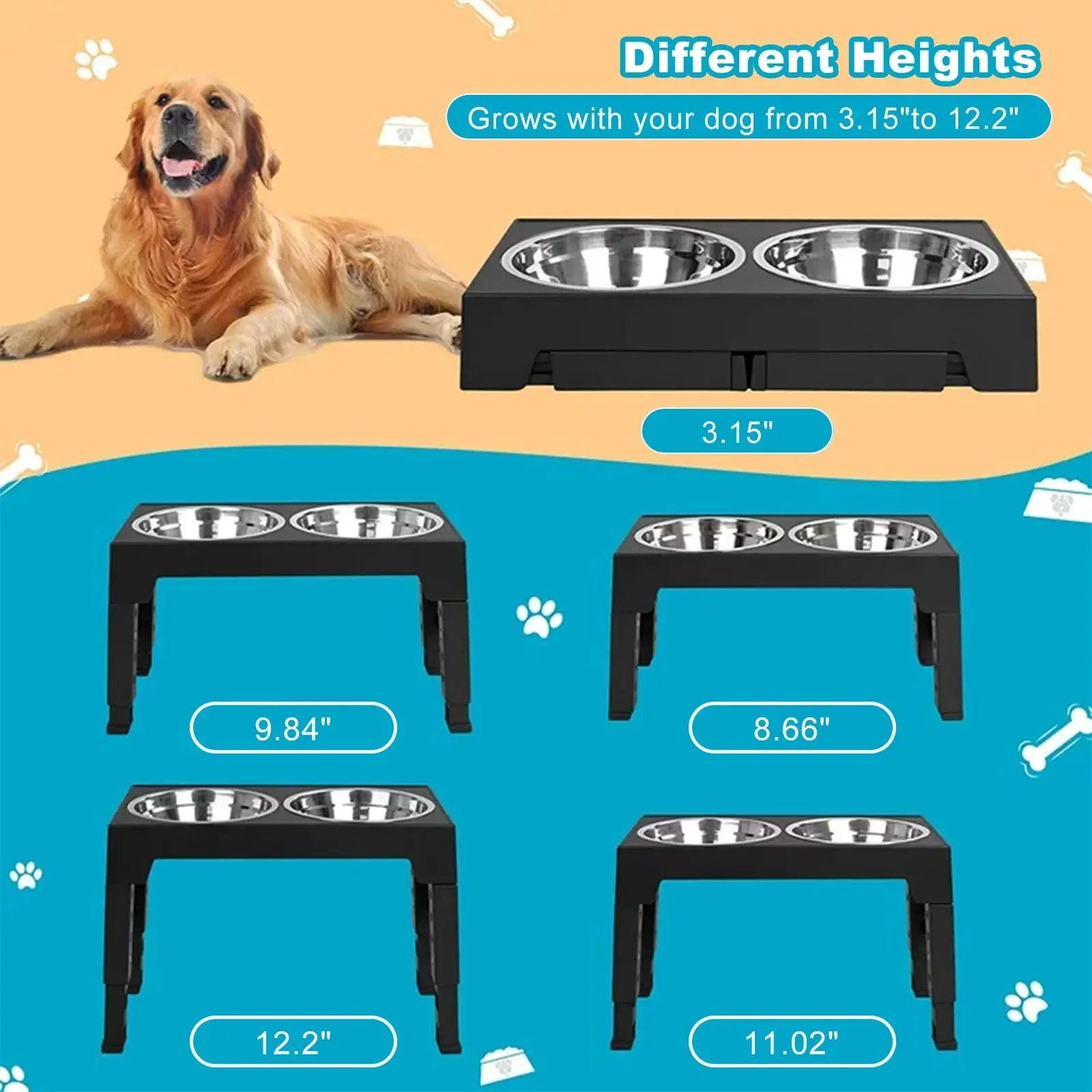 Elevated Dog Bowls - 5 Heights Adjustable Raised Dog Food Bowls with 2 Stainless Steel for Small Medium Large Dogs Cats