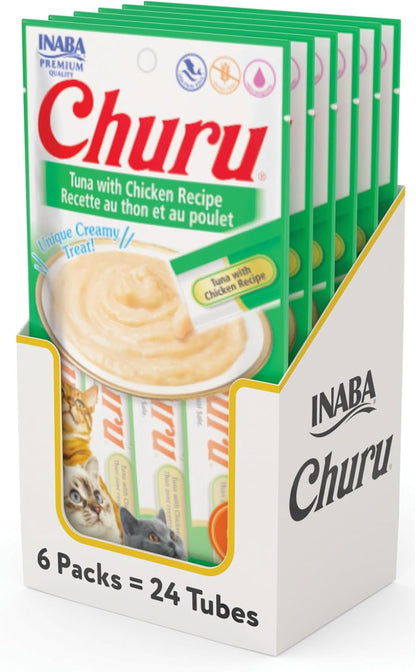 Delicious Churu Cat Treats - Lickable, Creamy Purée with Tuna & Chicken Flavor, Grain-Free Hydration Snack for Cats - 50 Convenient 0.5 oz Tubes!