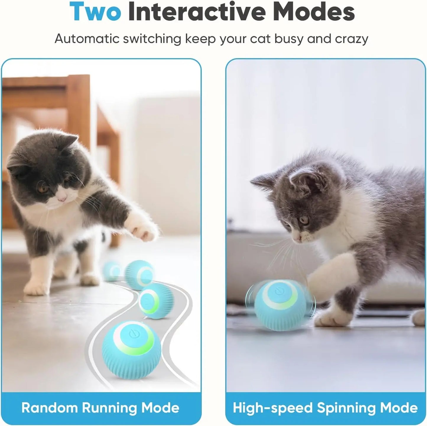 Interactive Toy Ball - Automatic Toy with LED Light, USB Rechargeable Self Moving Ball, Indoor Active Rolling Toys, 360°Rotating Smart Ball, 2 Modes, Fun Gift for Puppies, Kitten, Cats