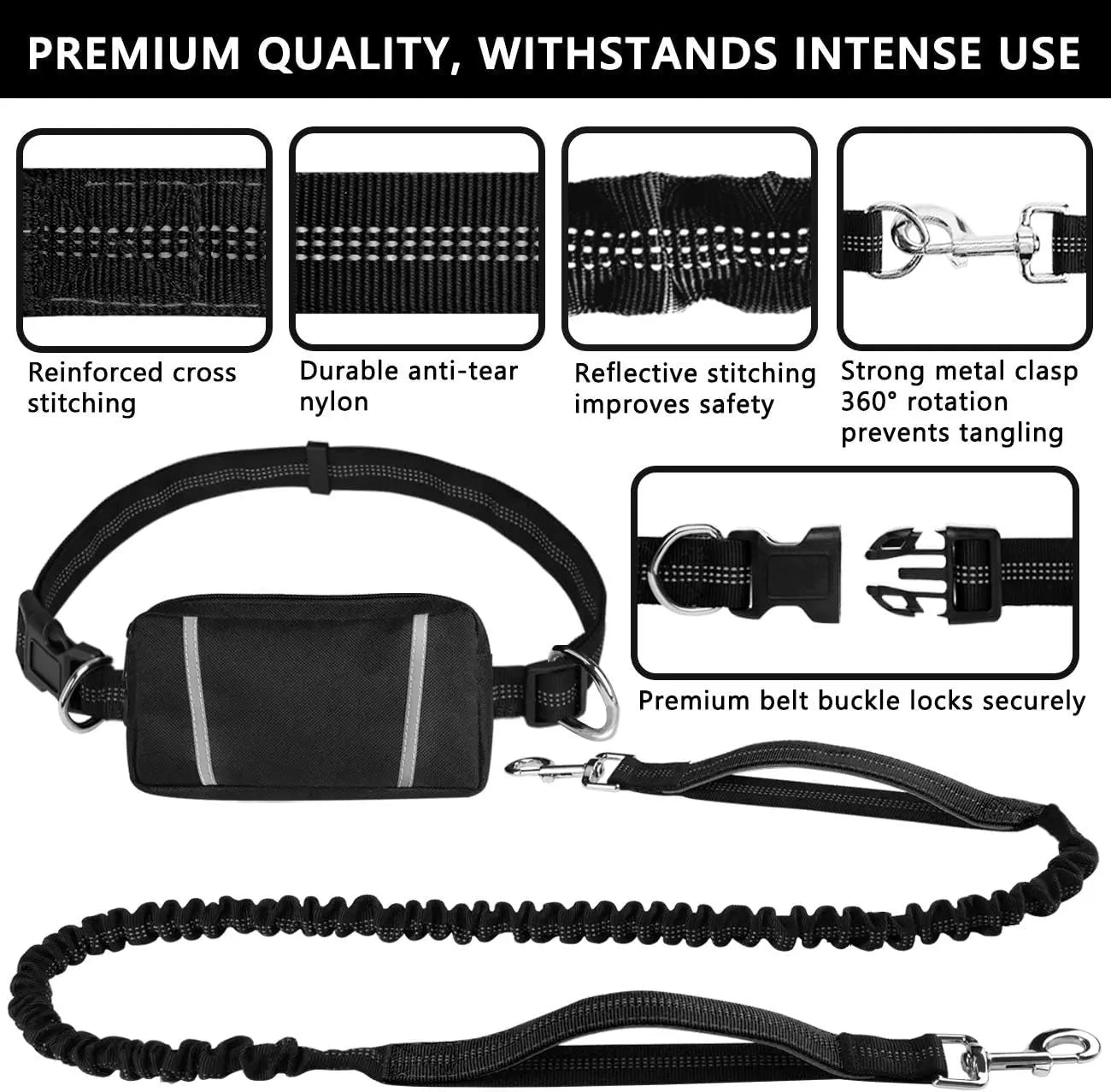 Ultimate Hands-Free Dog Leash with Dual Handles and Zipper Pouch for Medium to Large Dogs