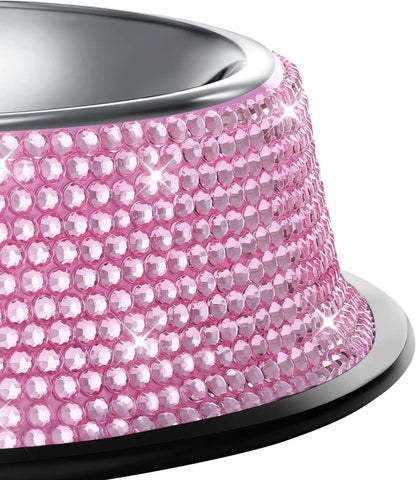 Bling Dog Bowls Pink, 640ML Handmade Bling Rhinestones Stainless Steel Pet Bowls Double Food Water Feeder for Puppy Cats Dogs - Set of 2