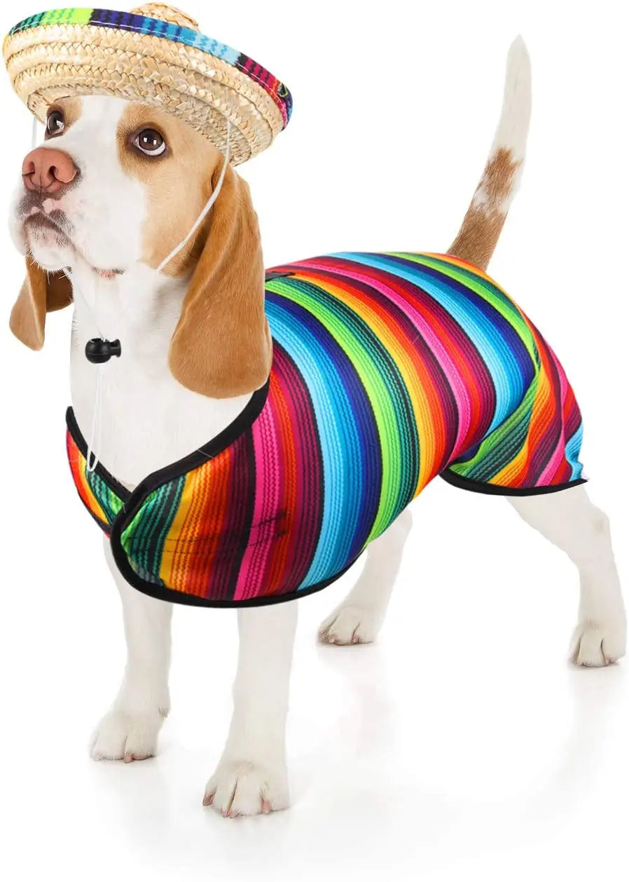 Dog Sombrero Hat Pet Serape Poncho Costume Multicolor Funny Dog Costume Adjustable Sombrero Costume Mexican Dog Poncho Straw Hat Chihuahua Clothes for Mexican Party Decorations (M)