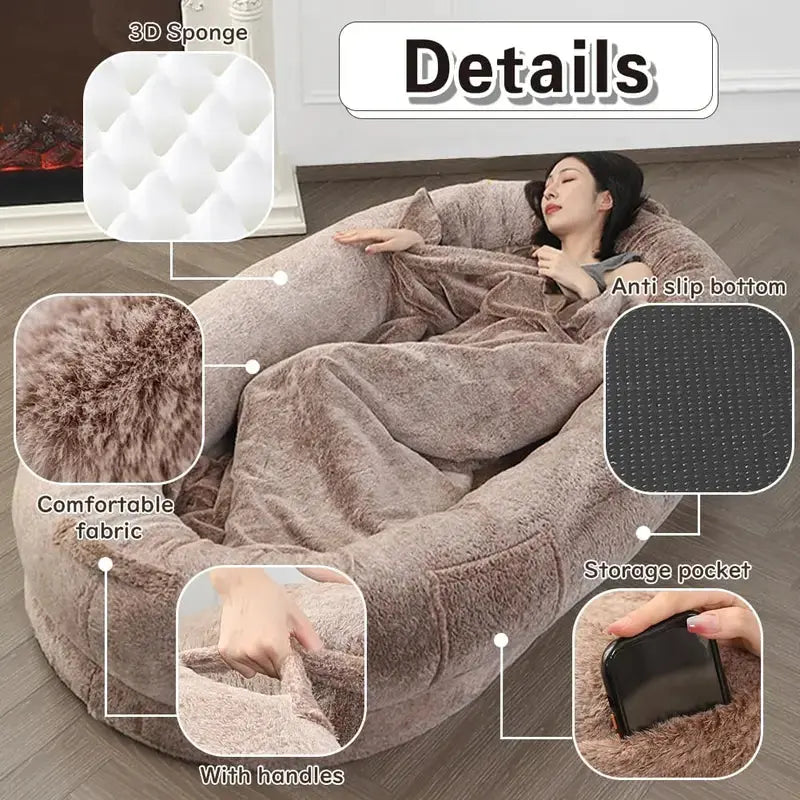 Oversized Human Dog Bed with Soft Blanket & Pillow - Washable 72"x43" Bean Bag for Pets and People