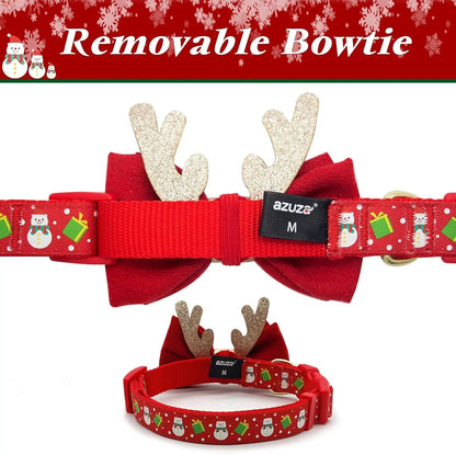 Festive Adjustable Christmas Dog Collar with Antler Bow Tie & Snowman Design - Perfect for Your Best Friend!