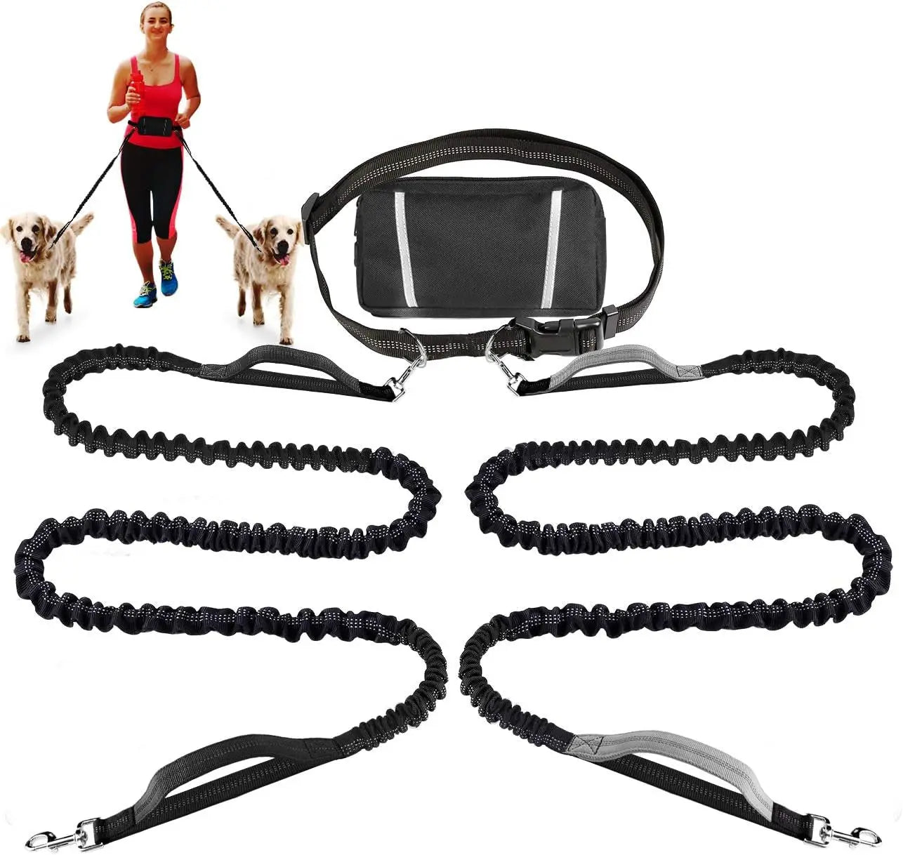 Ultimate Hands-Free Dog Leash with Dual Handles and Zipper Pouch for Medium to Large Dogs