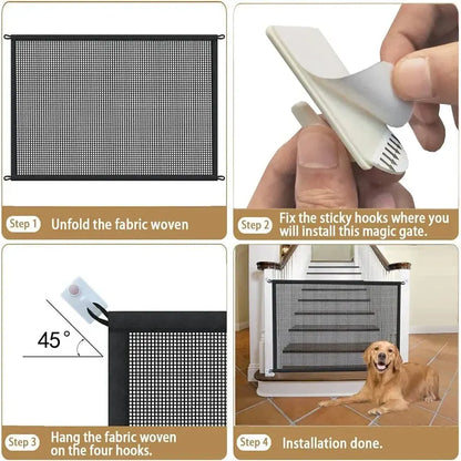 Foldable Mesh Dog Safety Gate – Pet Barrier Fence with 4 Hooks for Stairs & Doorways, Breathable Isolation Playpen