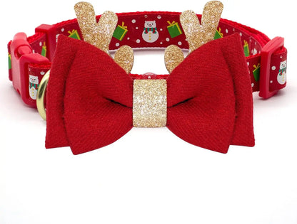 Festive Adjustable Christmas Dog Collar with Antler Bow Tie & Snowman Design - Perfect for Your Best Friend!