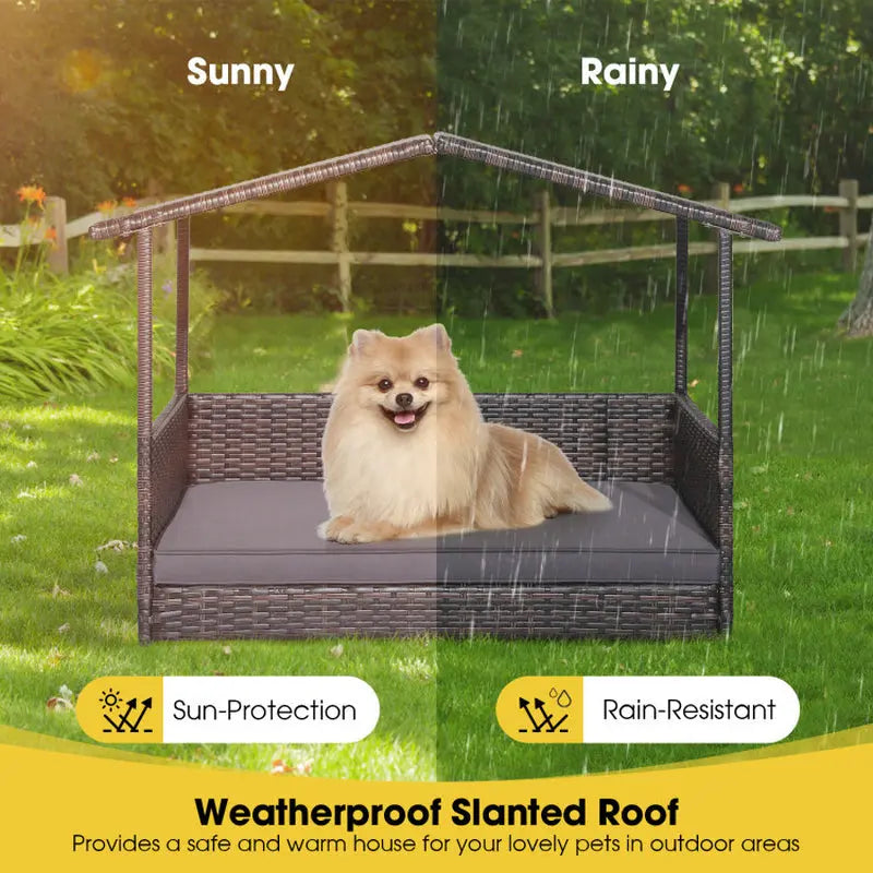 Outdoor Wicker Dog House with Weatherproof Roof