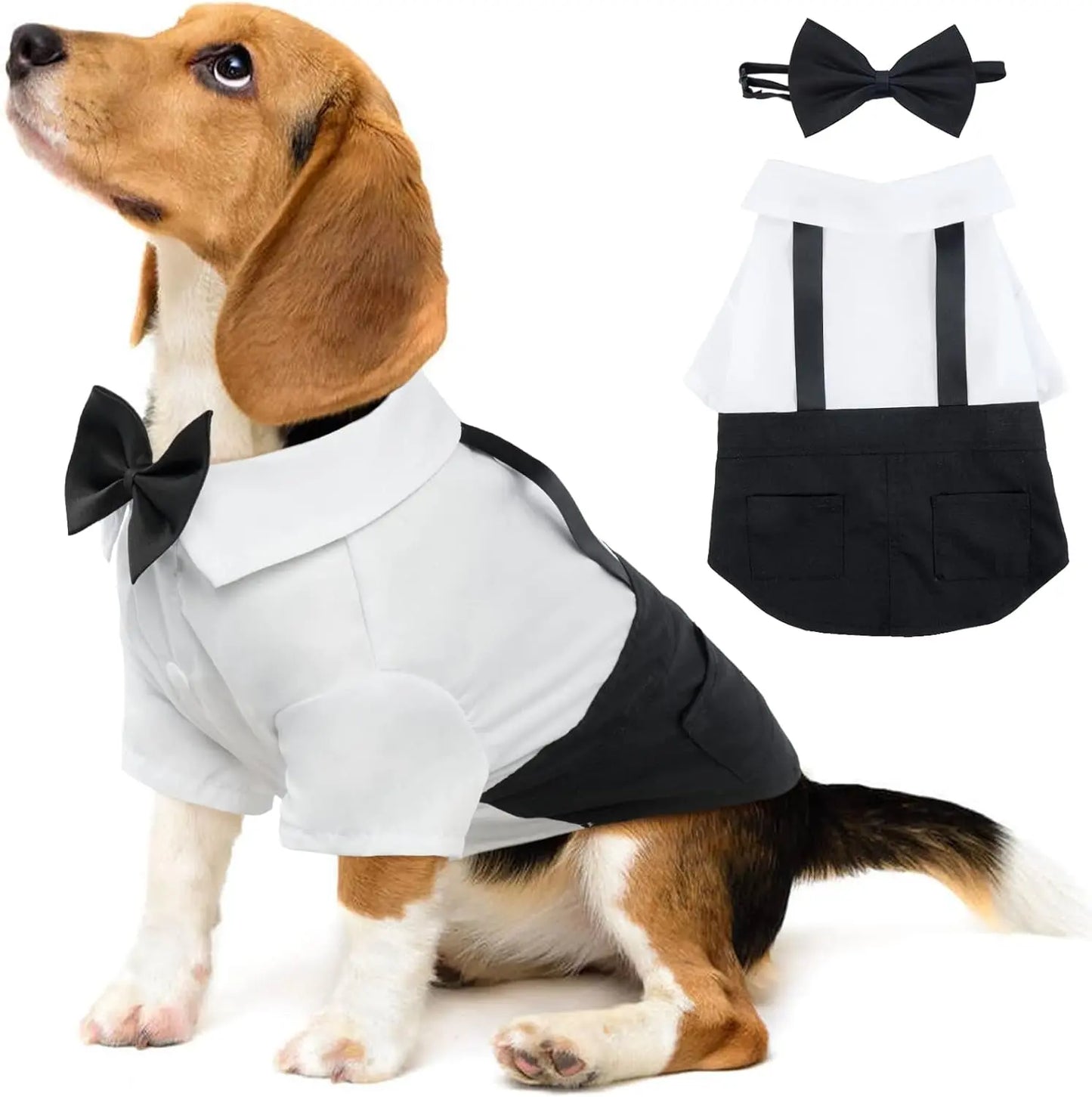 Elegant Black Tuxedo Dog Costume with Bow Tie – Formal Pet Outfit for Weddings, Halloween, and Special Occasions