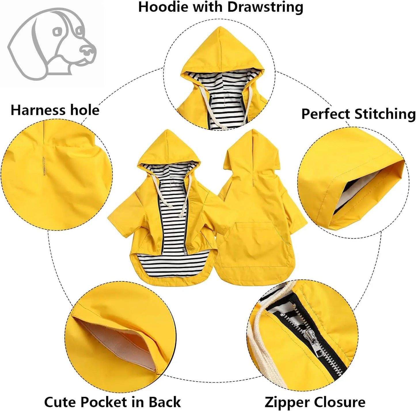 Dog Raincoat Puppy Rain Jacket with Hood for Small Medium Breeds with Reflective Strap Storage Pocket Harness Hole Yellow S