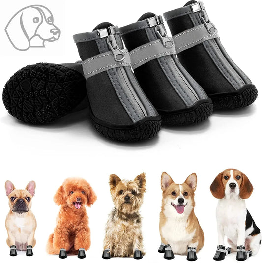 Dog Shoes for Small Dogs Boots, Waterproof Booties Paw Protector for Outdoor Walking, Puppy Shoes with Reflective Strips Rugged Anti-Slip Sole for Hardwood Floors Hot Pavement Winter Snow 4Pcs/Set